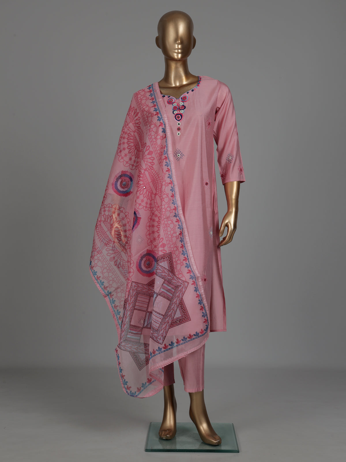 Pink silk straight cut kurti set with aabla sequin work