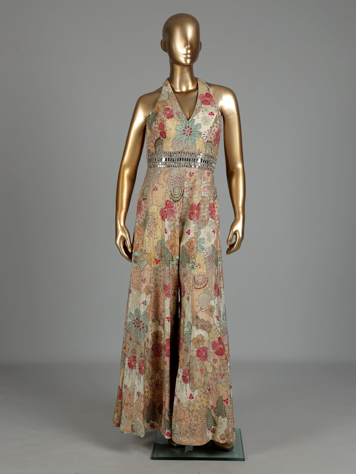 Beige floral printed silk jumpsuit with resham and aabla embellishments