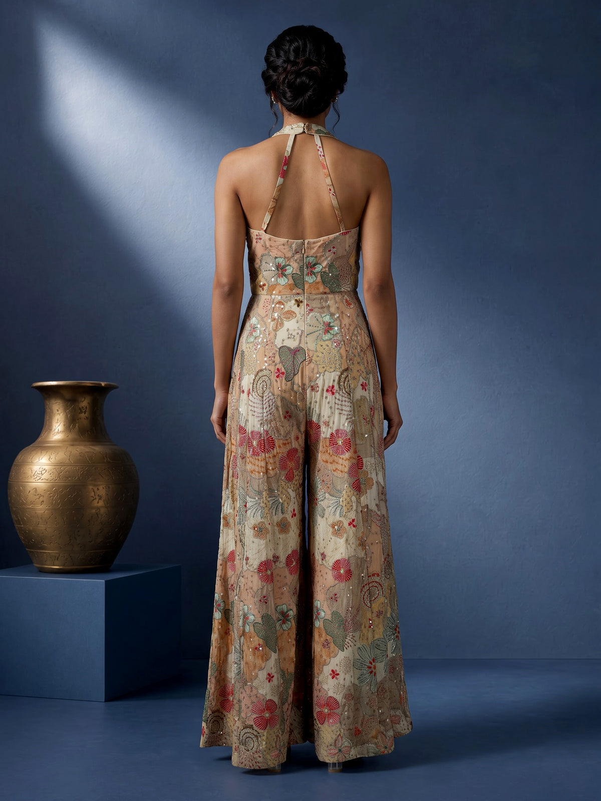 Beige floral printed silk jumpsuit with resham and aabla embellishments