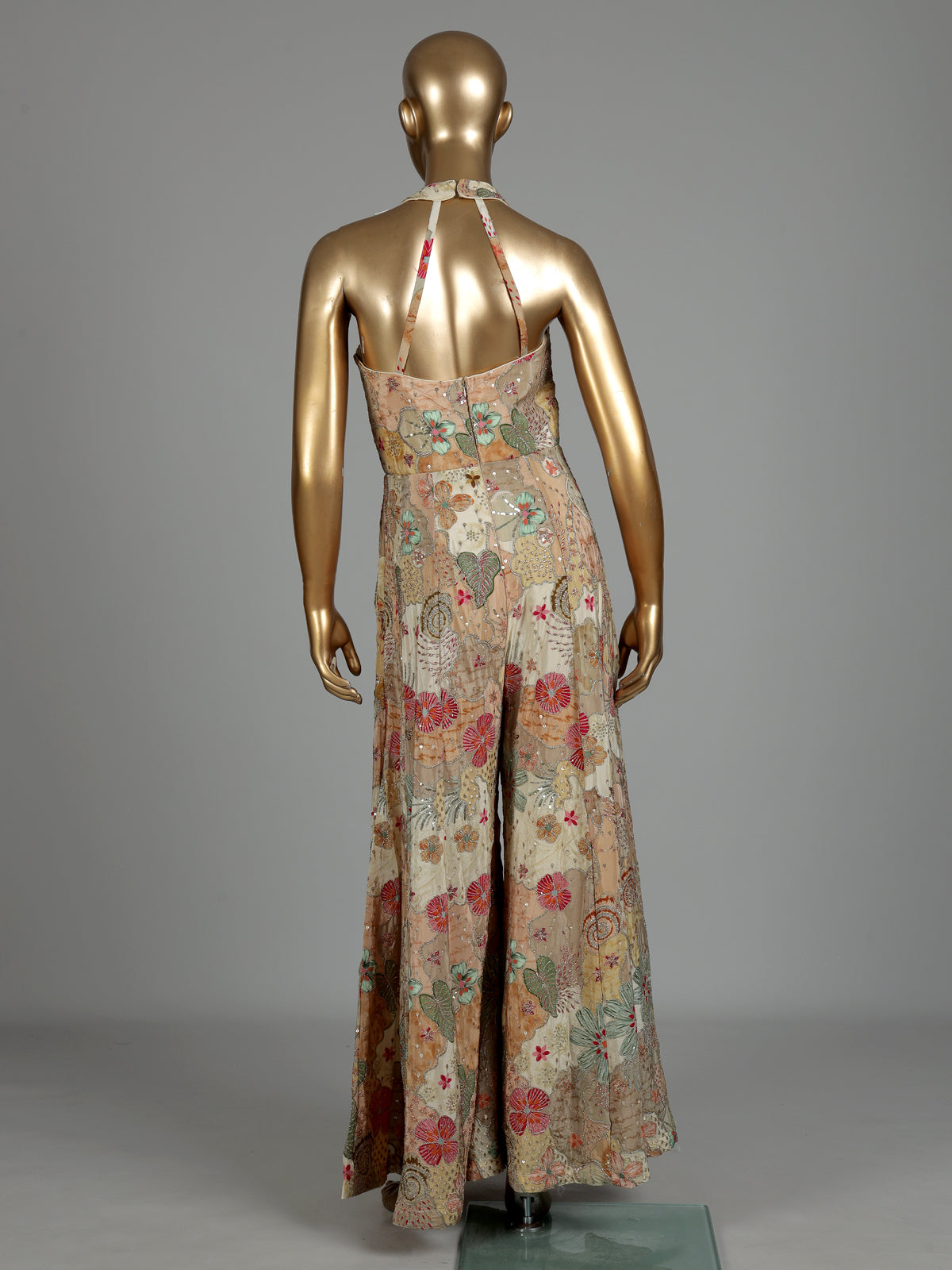 Beige floral printed silk jumpsuit with resham and aabla embellishments