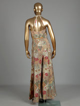 Beige floral printed silk jumpsuit with resham and aabla embellishments