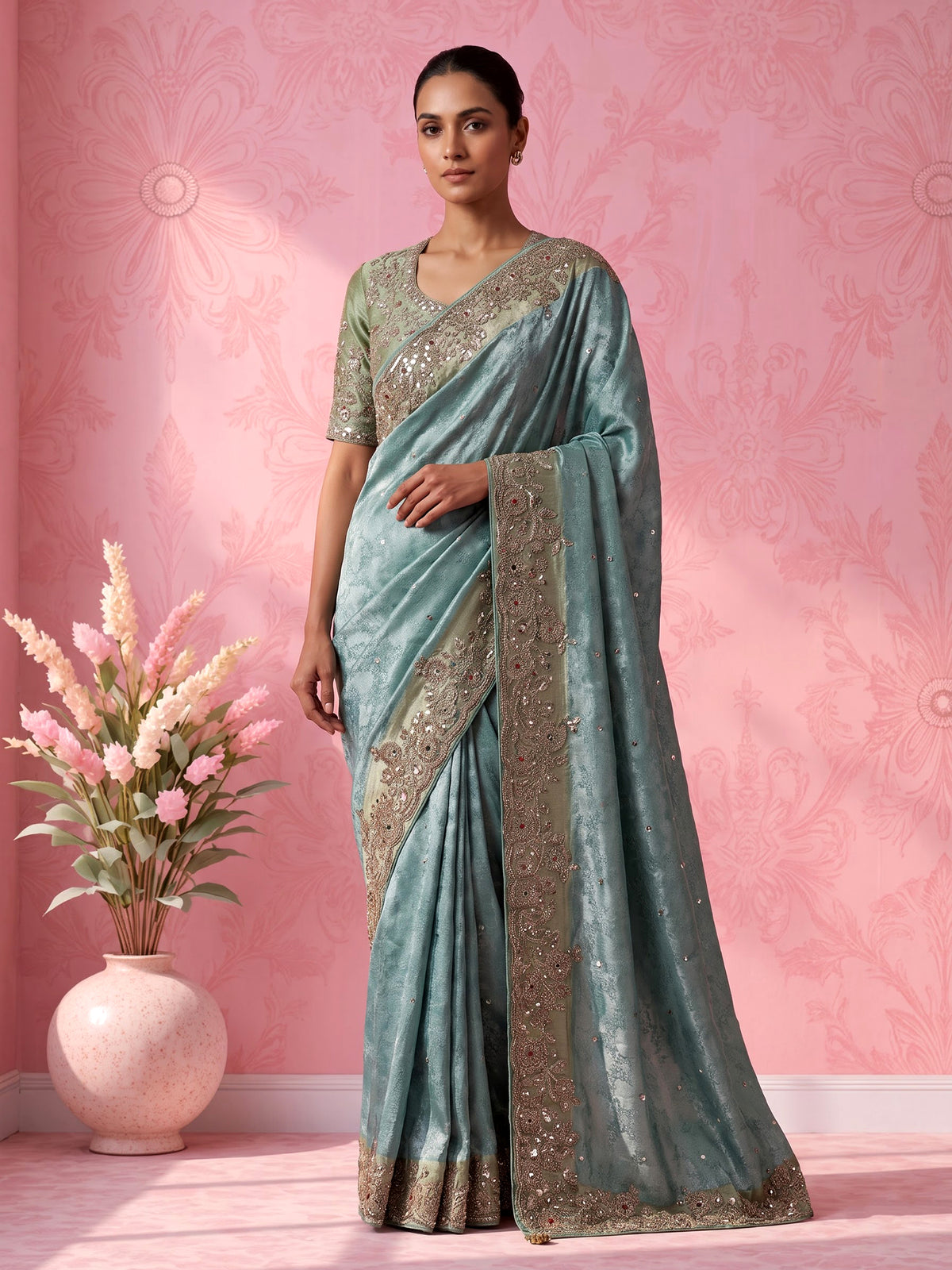 Seafoam blue embellished women saree