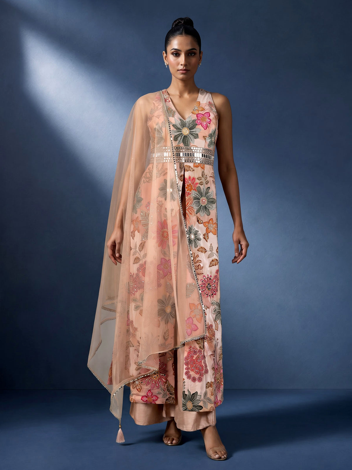 Dusty onion pink floral silk jumpsuit with resham and sequin work