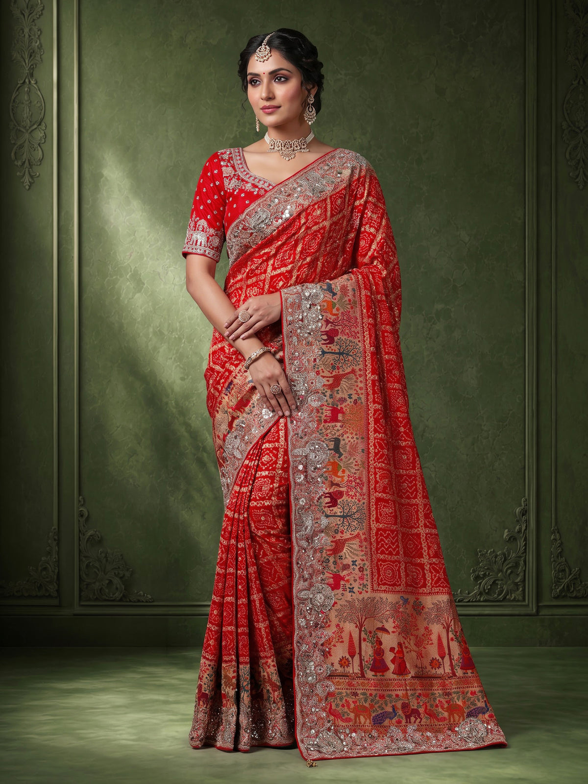 Red bandhani women saree