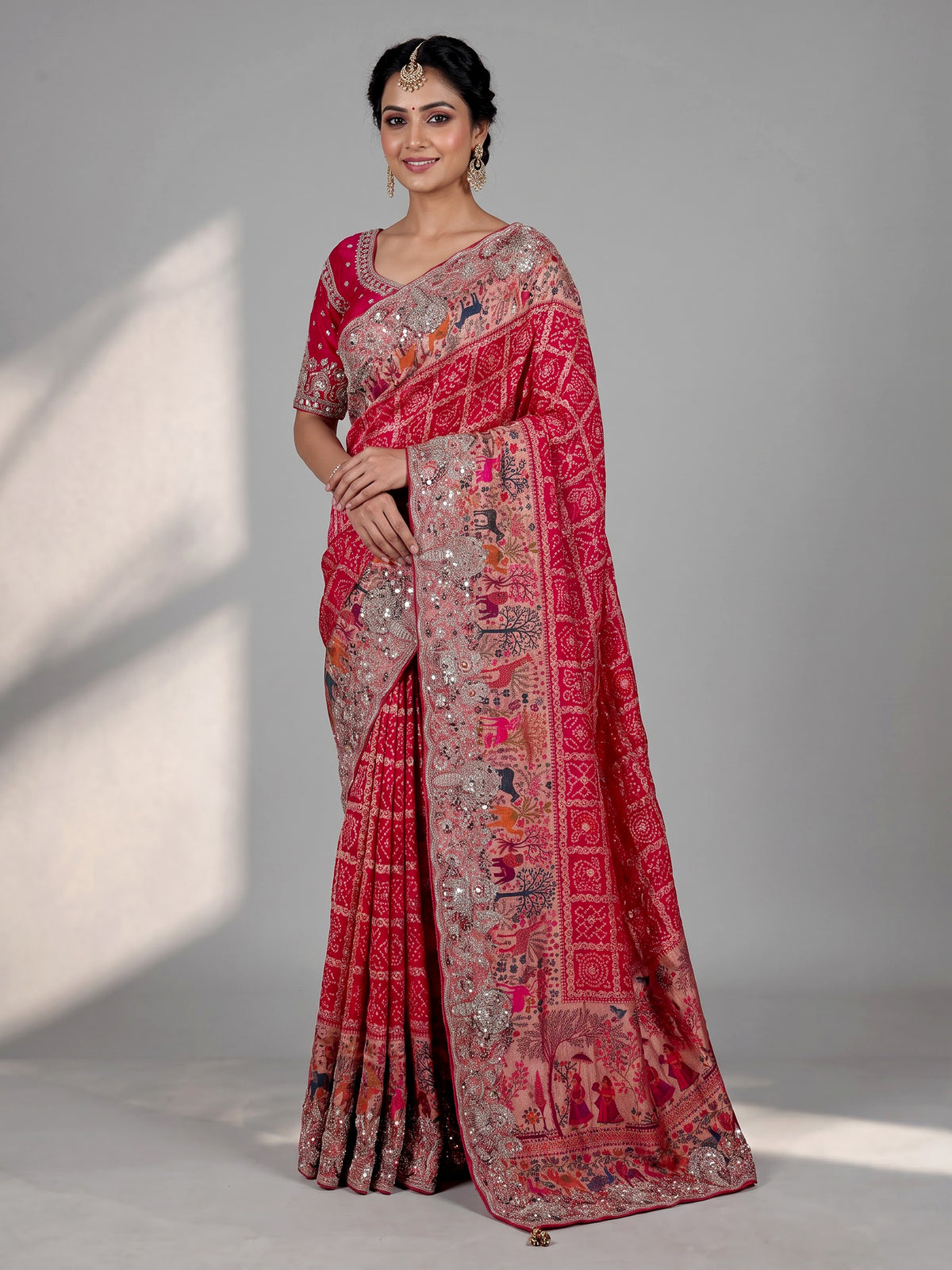 Magenta pink bandhani women saree