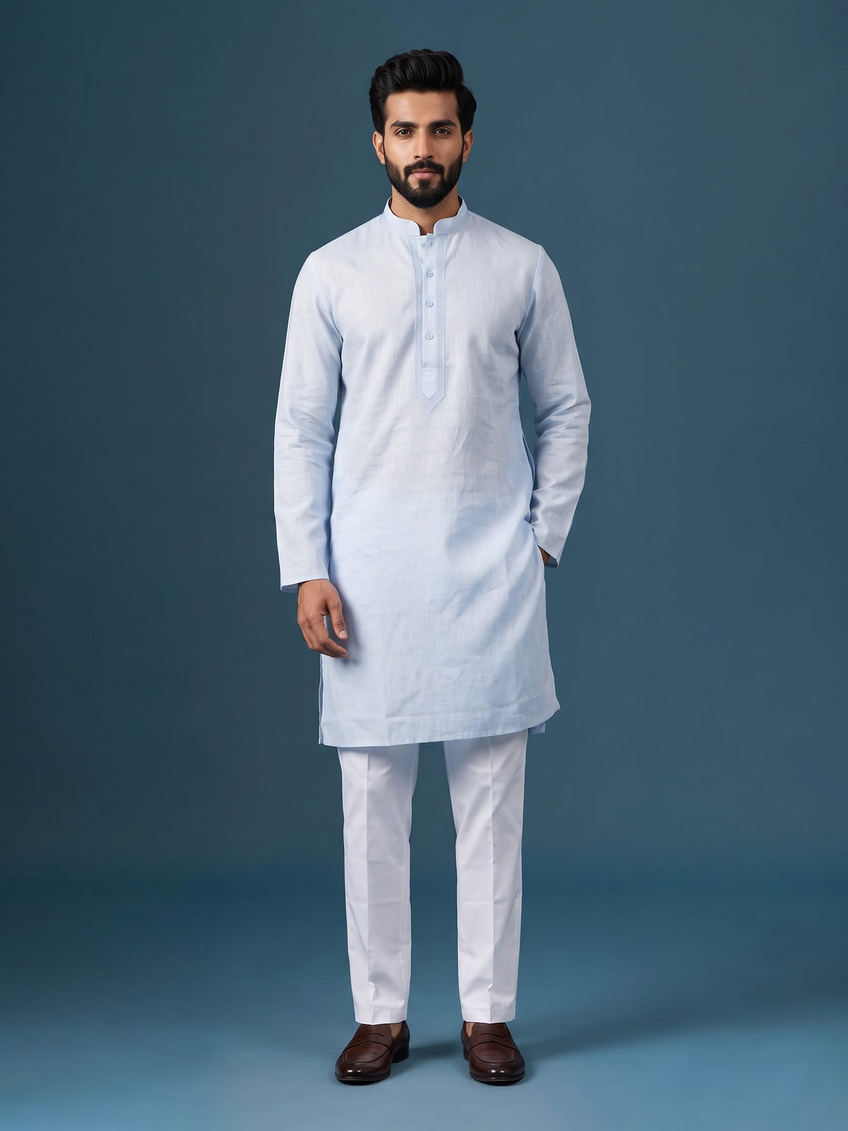 Mint blue tone-on-tone thread kurta suit with pants