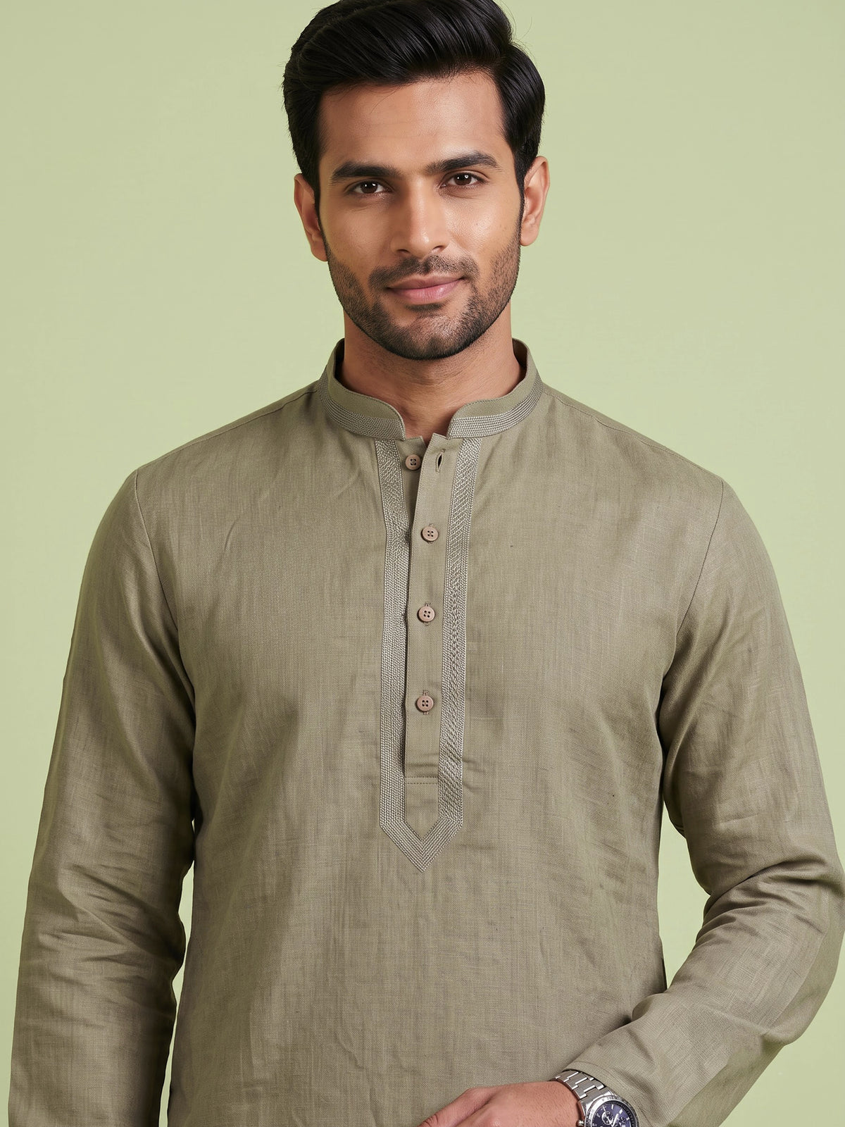Mehendi green tone-on-tone thread kurta suit for mens