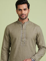 Mehendi green tone-on-tone thread kurta suit for mens