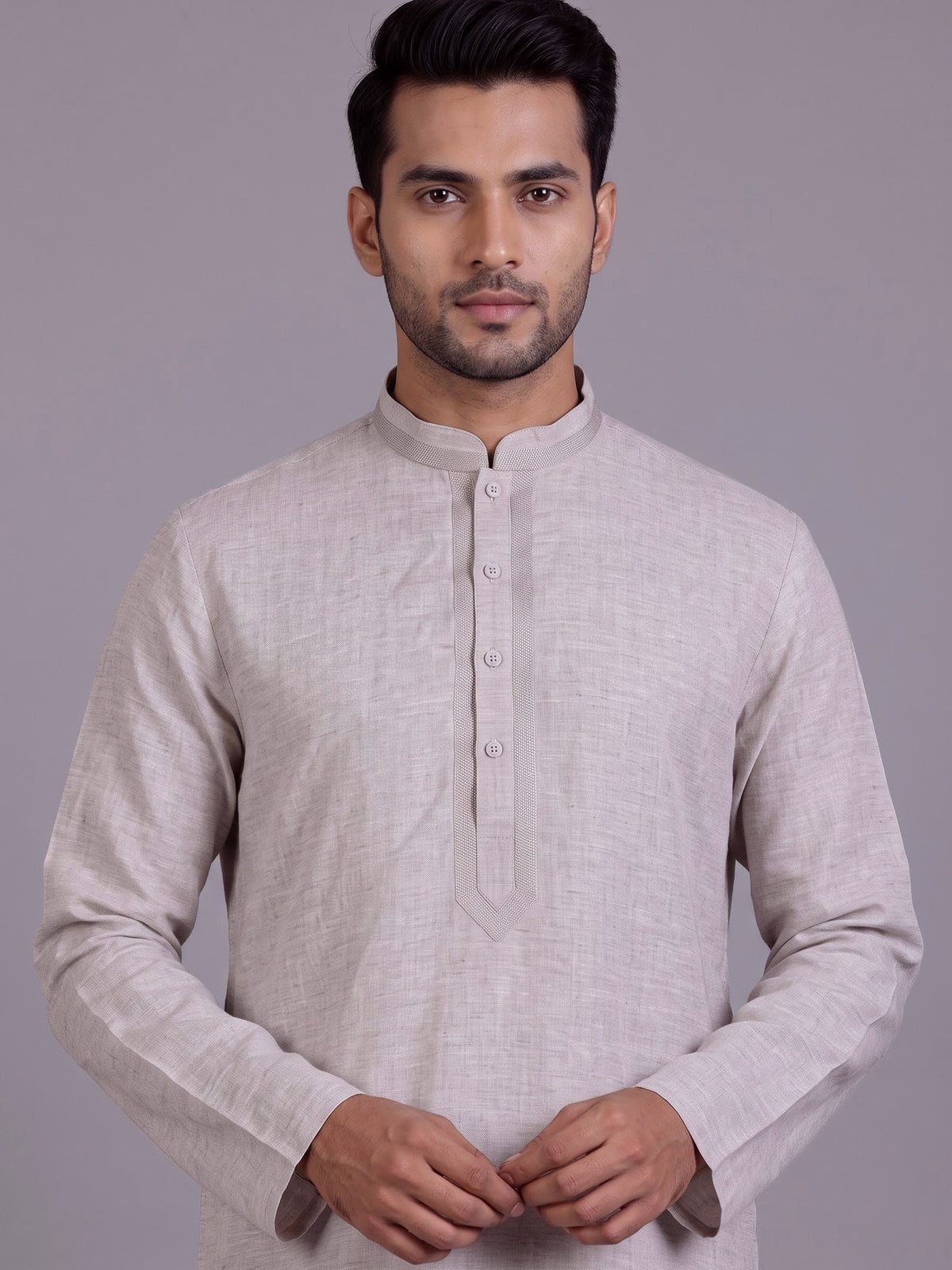 Beige tone-on-tone thread kurta suit with pants for mens