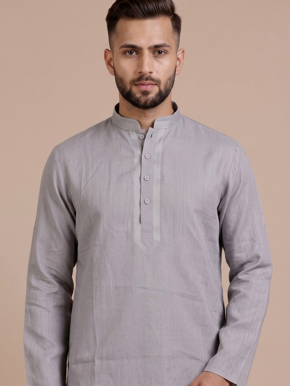 Grey tone-on-tone thread kurta suit with pants for mens