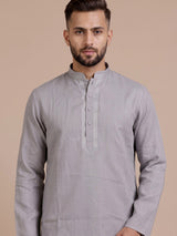 Grey tone-on-tone thread kurta suit with pants for mens