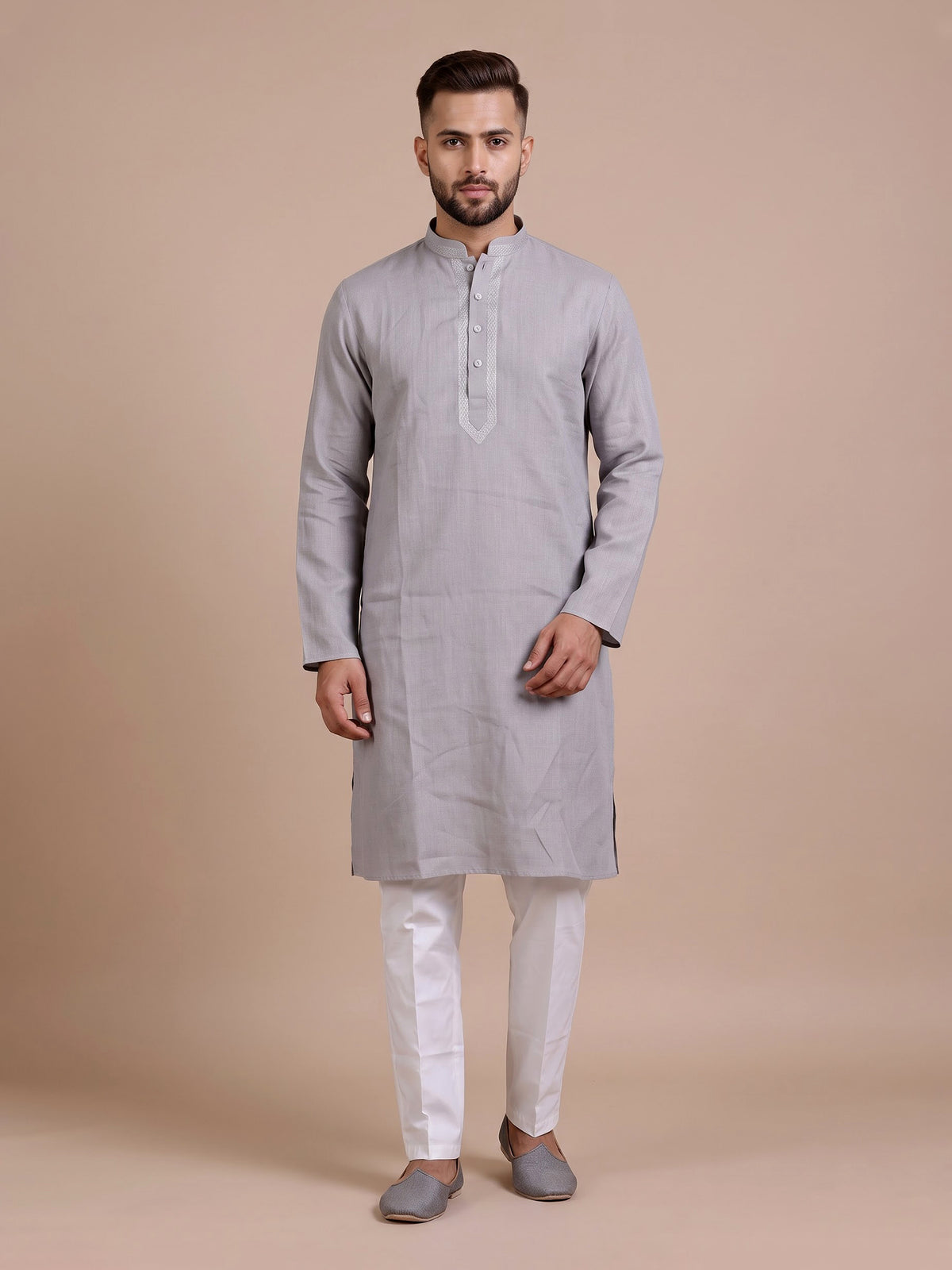 Grey tone-on-tone thread kurta suit with pants for mens