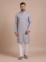 Grey tone-on-tone thread kurta suit with pants for mens
