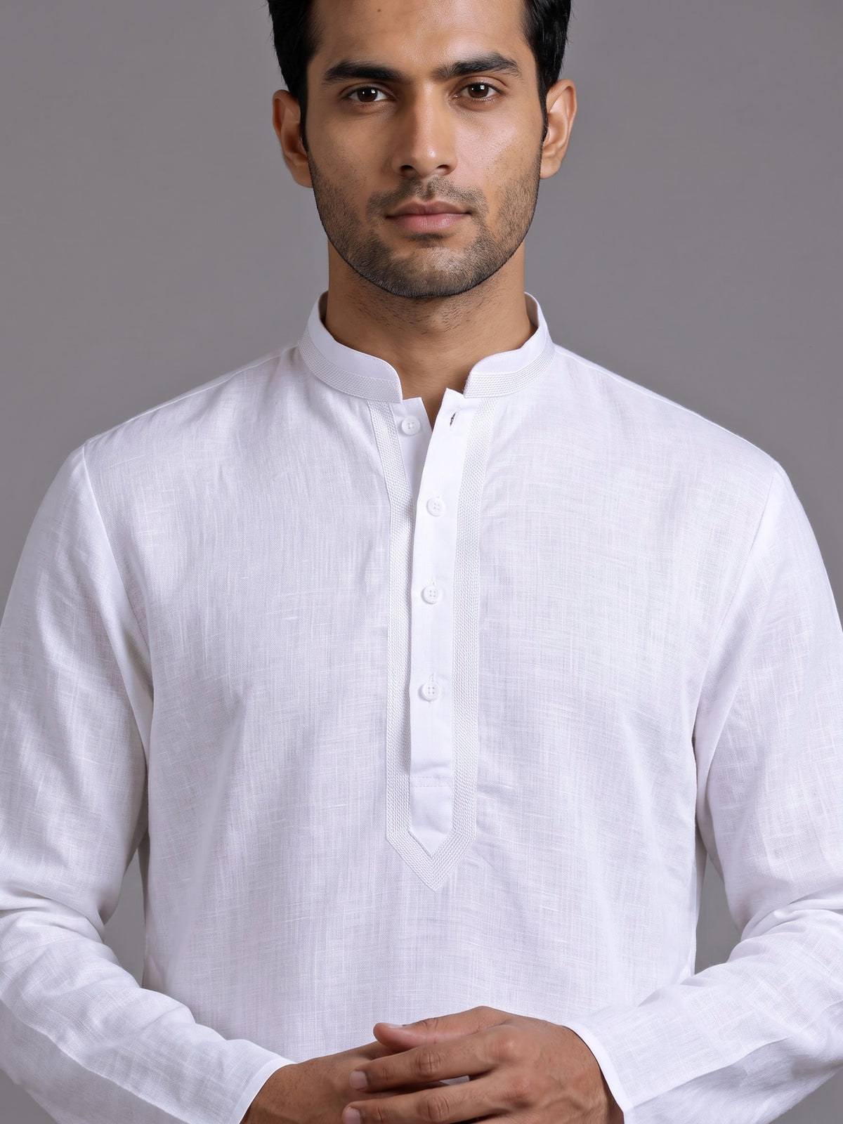 White tone-on-tone thread kurta suit with pants for mens