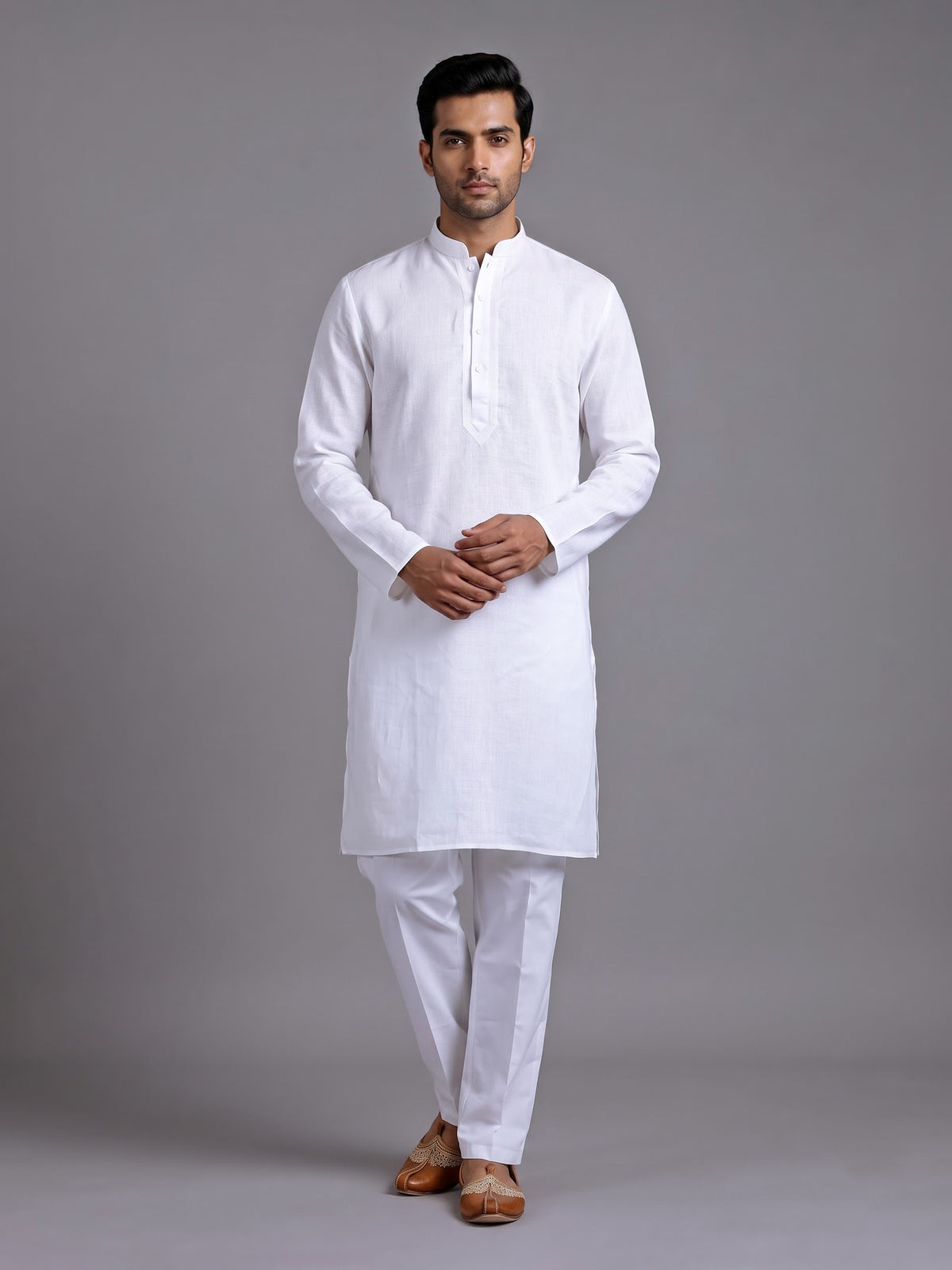 White tone-on-tone thread kurta suit with pants for mens
