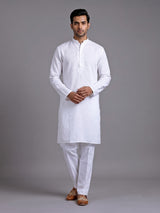 White tone-on-tone thread kurta suit with pants for mens