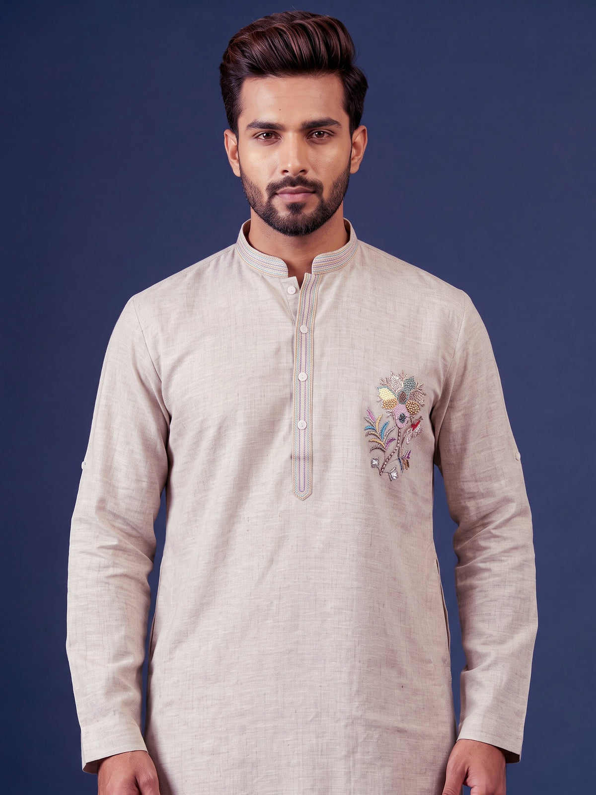 Grey multicolor floral zardosi kurta suit with pants for mens
