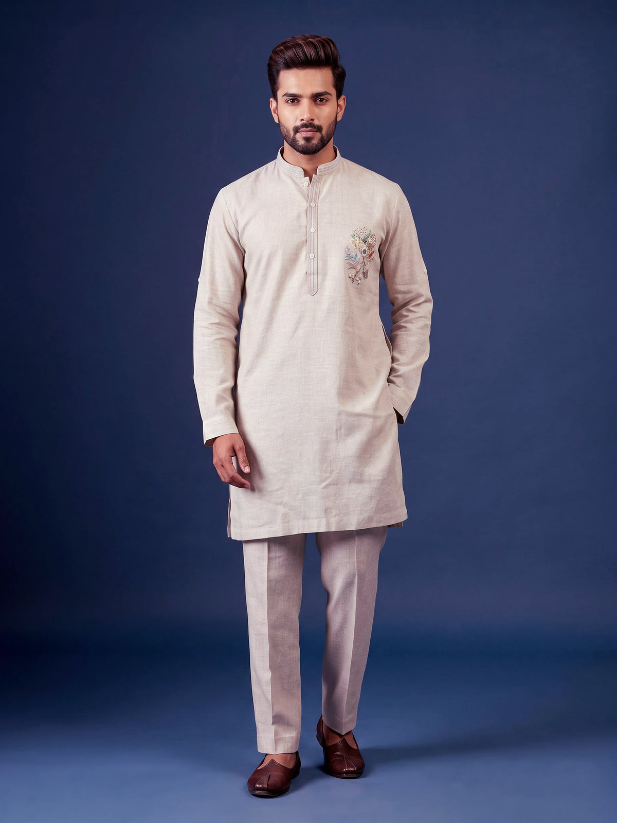 Grey multicolor floral zardosi kurta suit with pants for mens
