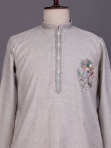Grey multicolor floral zardosi kurta suit with pants for mens