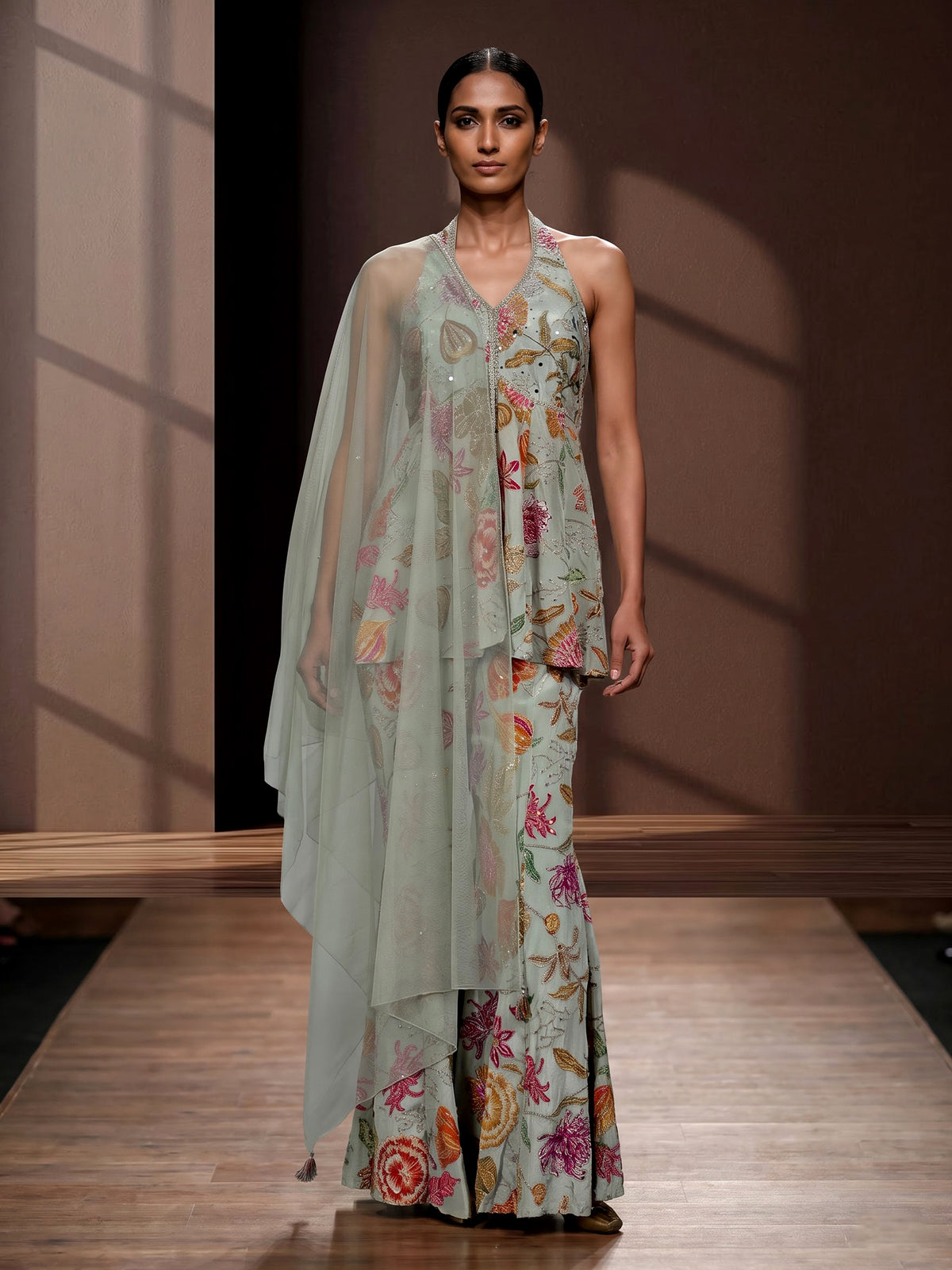 Pista green floral silk palazzo suit with mirror and zardosi detailing