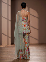 Pista green floral silk palazzo suit with mirror and zardosi detailing