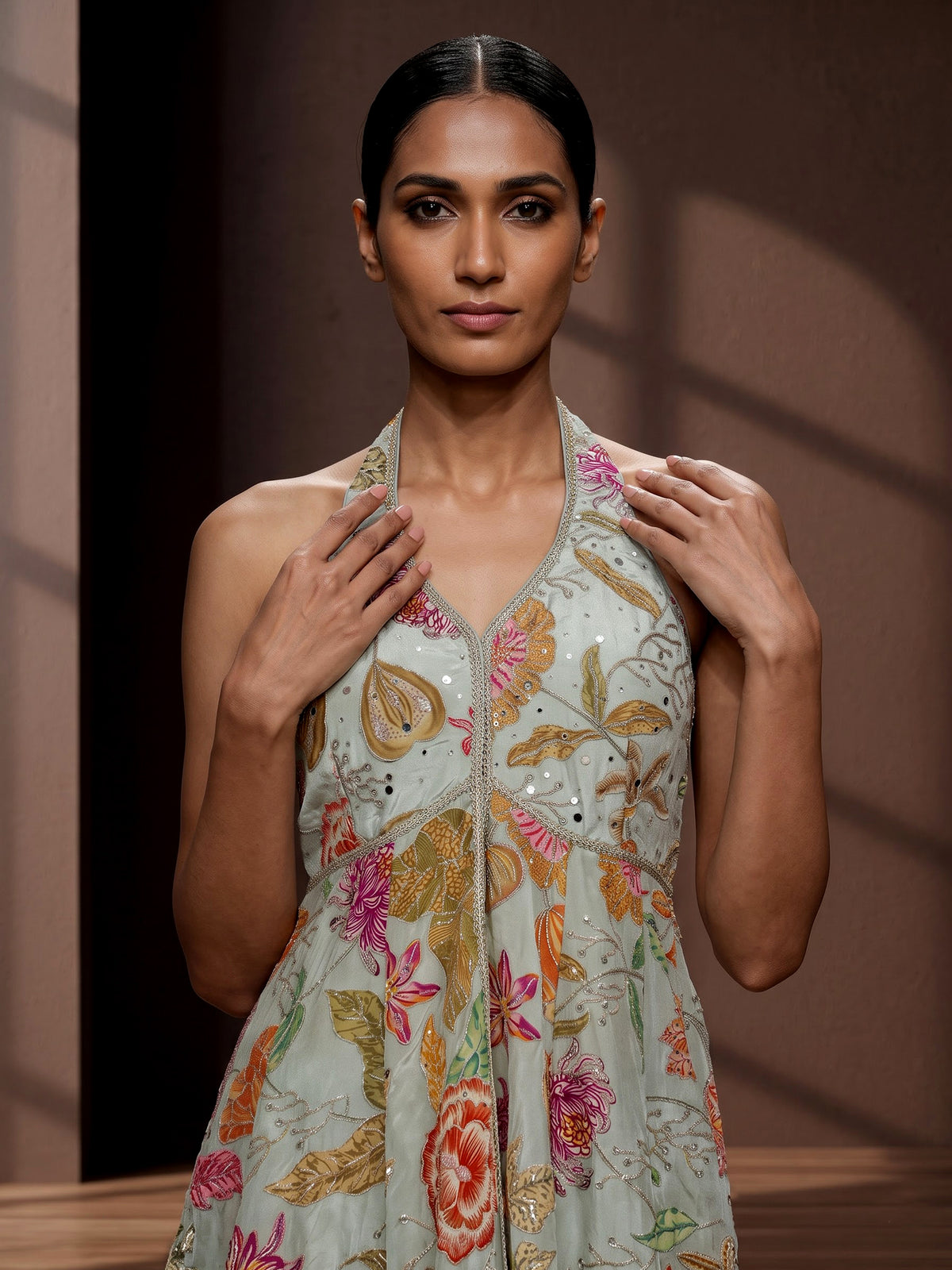Pista green floral silk palazzo suit with mirror and zardosi detailing