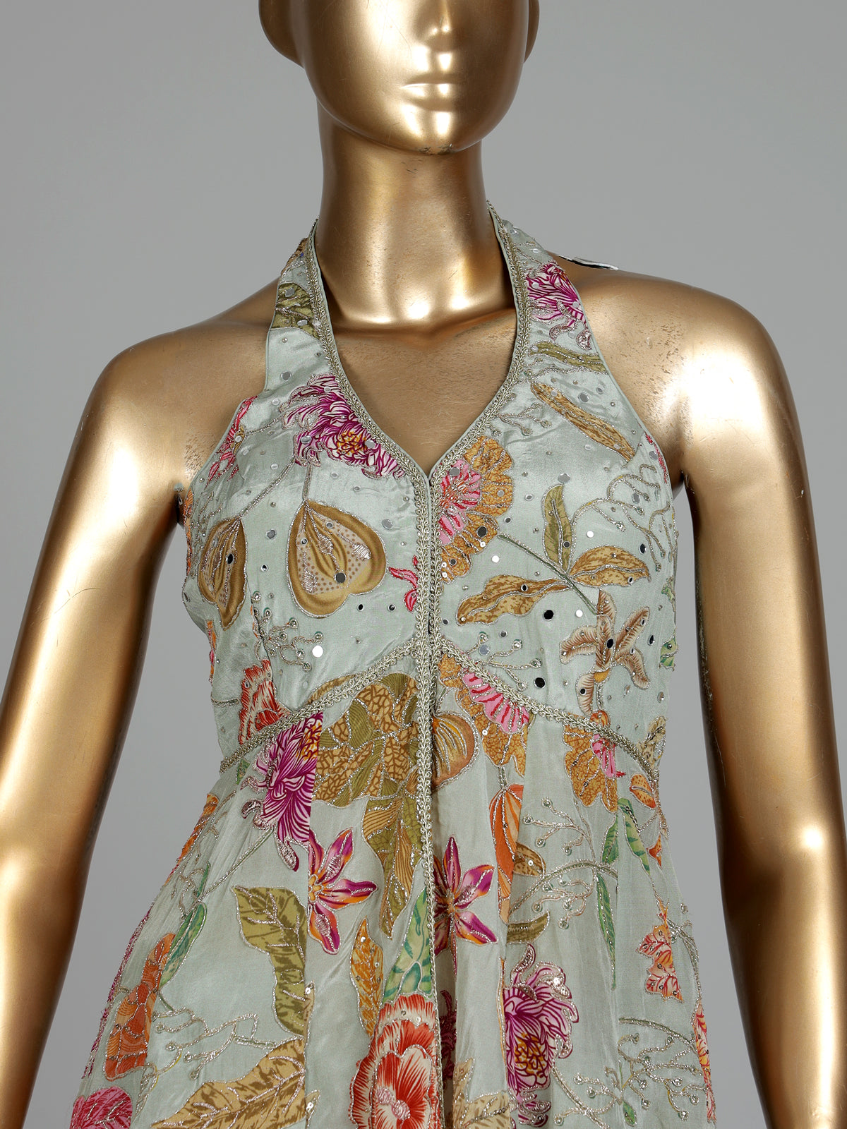 Pista green floral silk palazzo suit with mirror and zardosi detailing