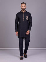 Dark navy floral zardosi kurta suit with pants for mens