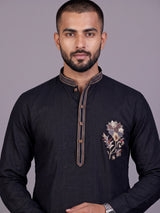 Dark navy floral zardosi kurta suit with pants for mens