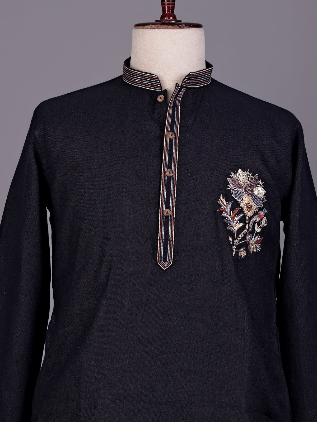 Dark navy floral zardosi kurta suit with pants for mens