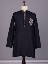 Dark navy floral zardosi kurta suit with pants for mens