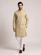 Beige tone-on-tone thread kurta suit with for men