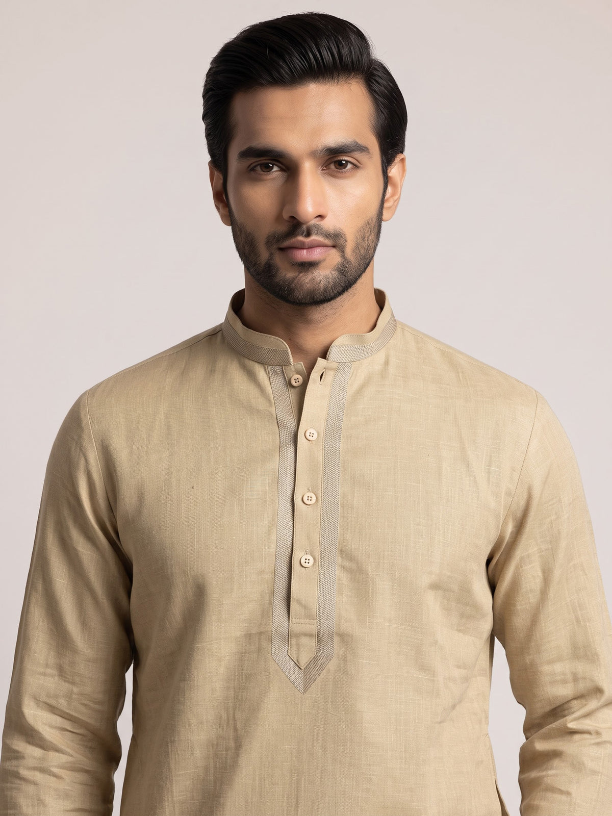 Beige tone-on-tone thread kurta suit with for men