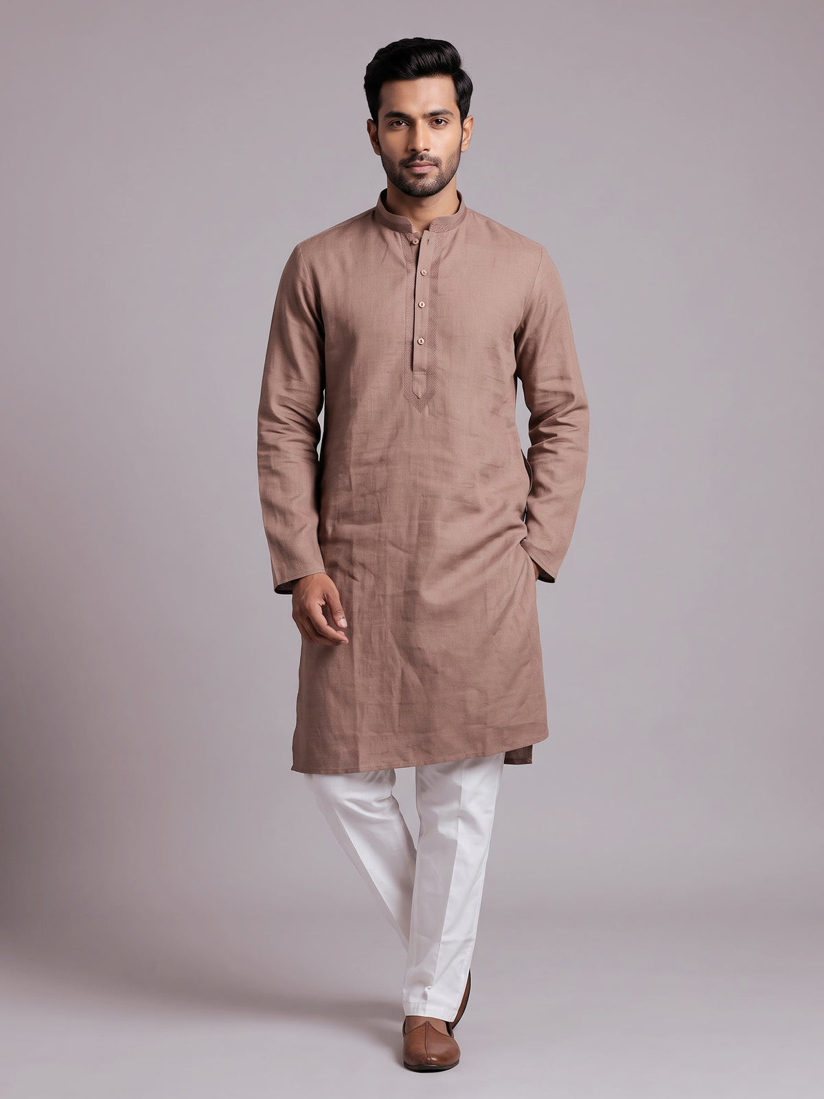 Light brown tone-on-tone thread kurta suit with pants