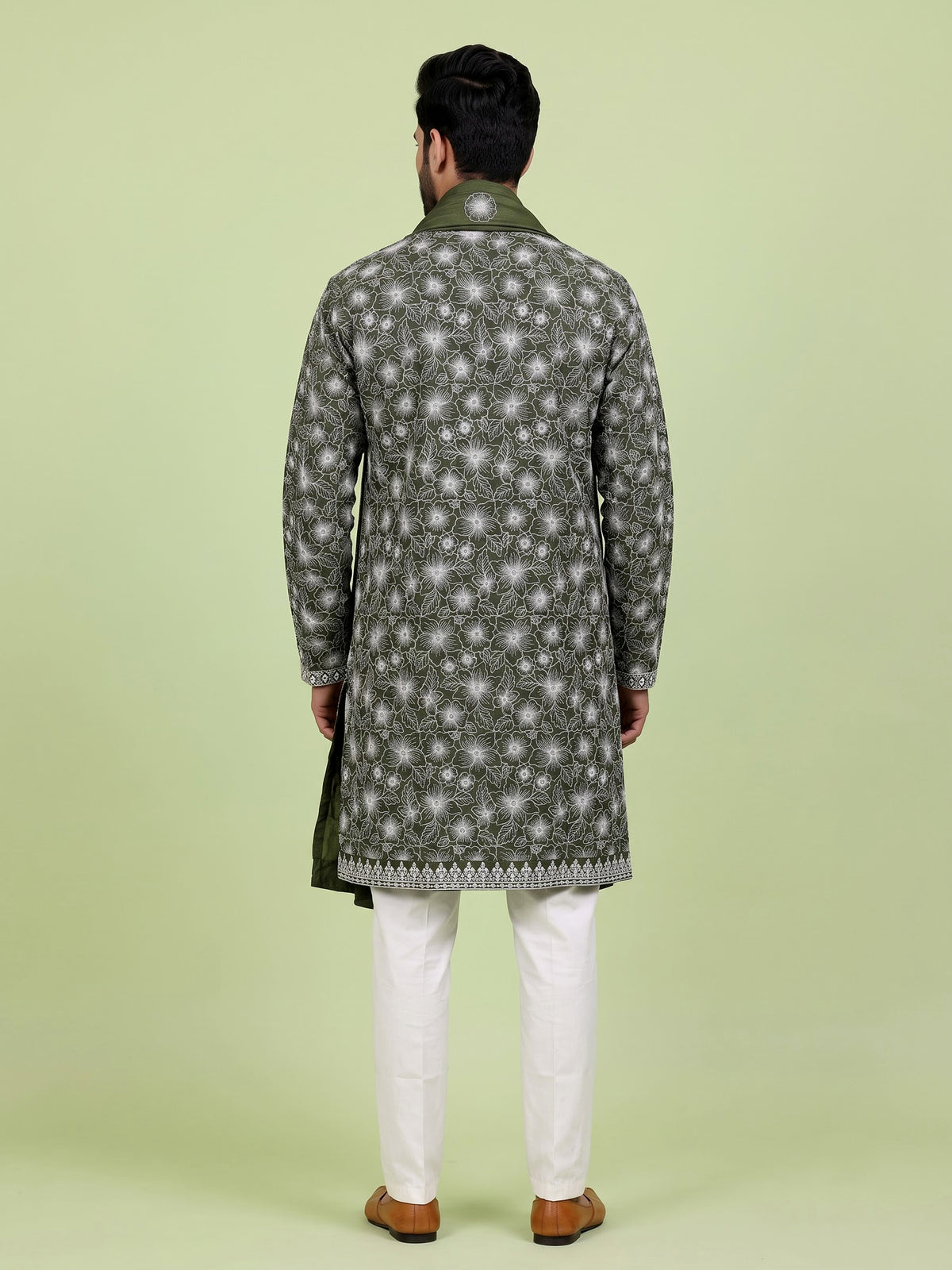 Mehendi green embroidered aabla kurta suit with dupatta