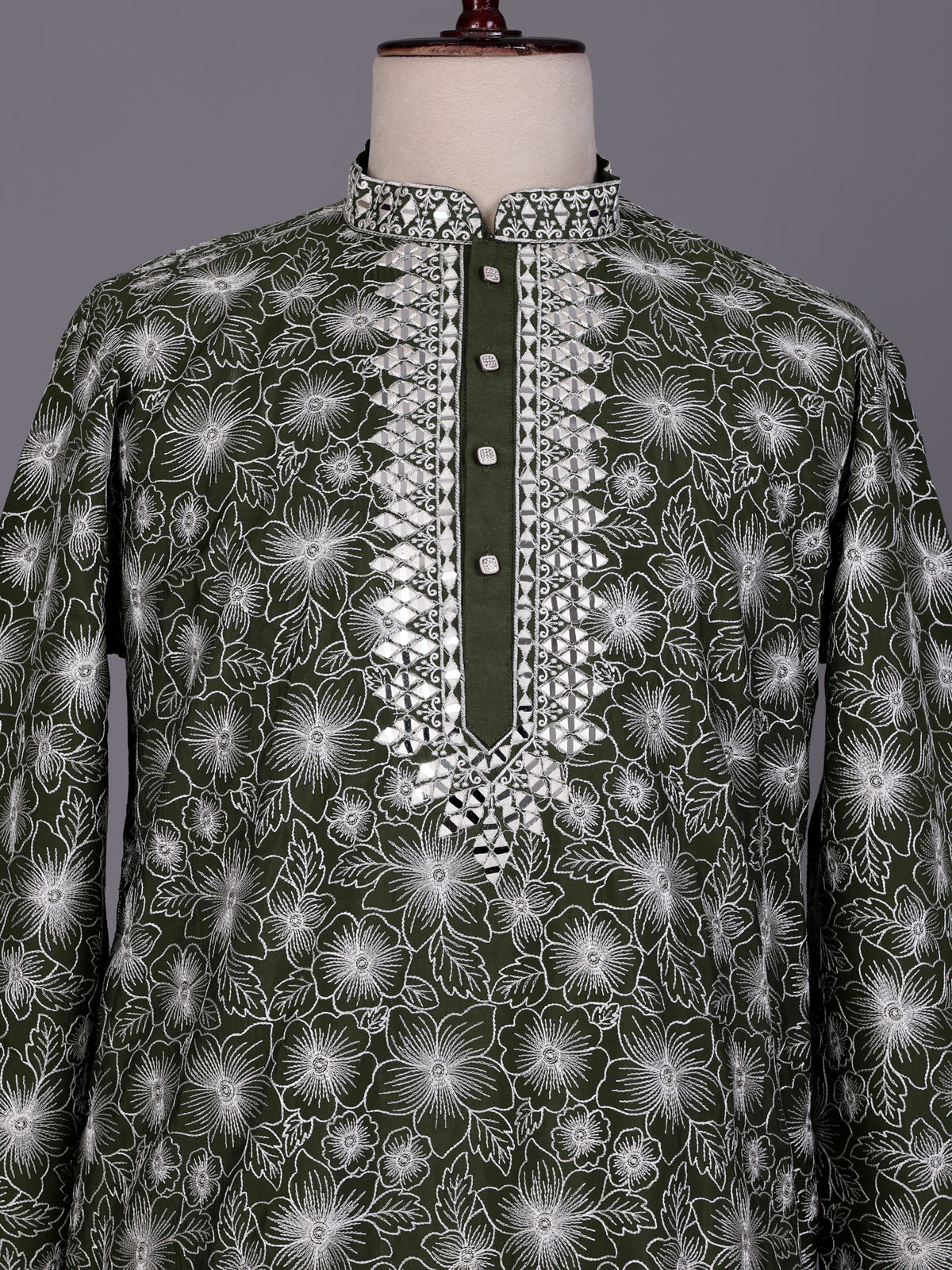 Mehendi green embroidered aabla kurta suit with dupatta