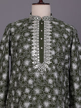 Mehendi green embroidered aabla kurta suit with dupatta