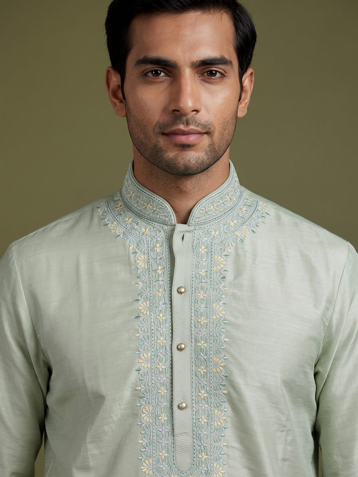Mint green embroidered linen silk kurta suit for mens