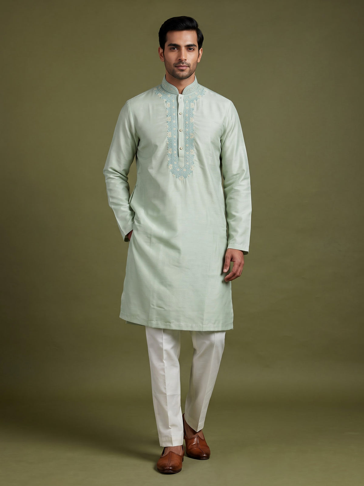 Mint green embroidered linen silk kurta suit for mens