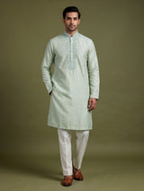 Mint green embroidered linen silk kurta suit for mens
