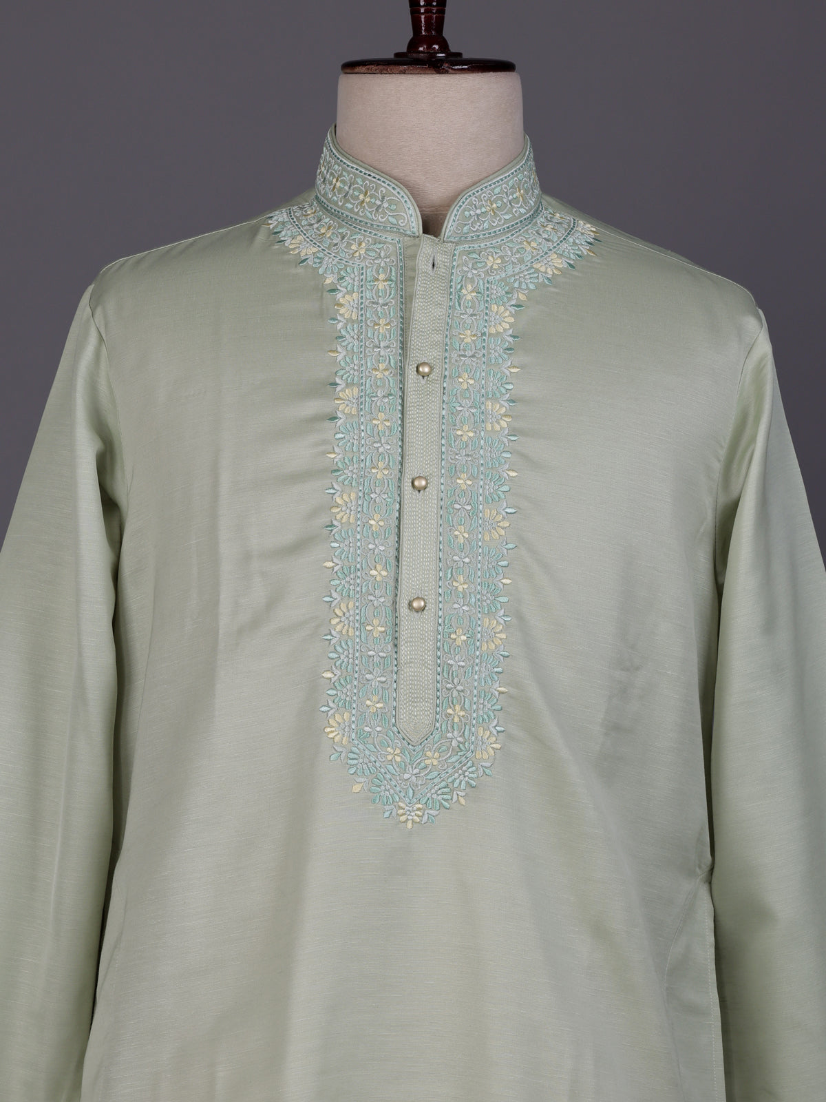 Mint green embroidered linen silk kurta suit for mens