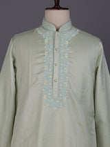 Mint green embroidered linen silk kurta suit for mens