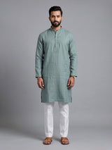 Green tone-on-tone thread kurta suit with pants for mens