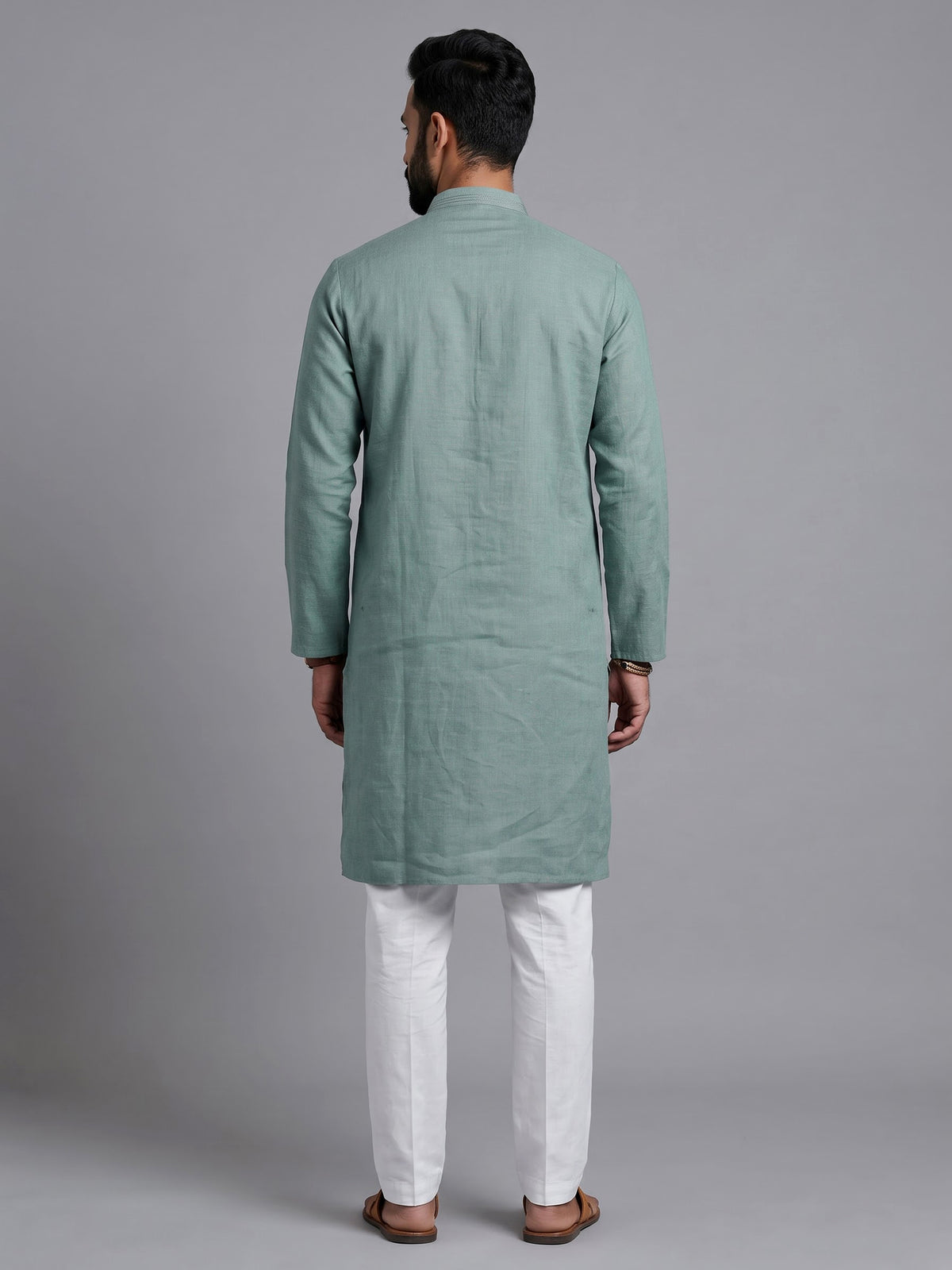 Green tone-on-tone thread kurta suit with pants for mens