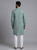 Green tone-on-tone thread kurta suit with pants for mens