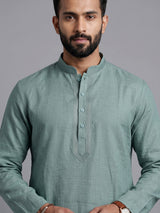 Green tone-on-tone thread kurta suit with pants for mens