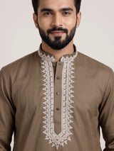 Dark beige thread work kurta suit with pants for mens