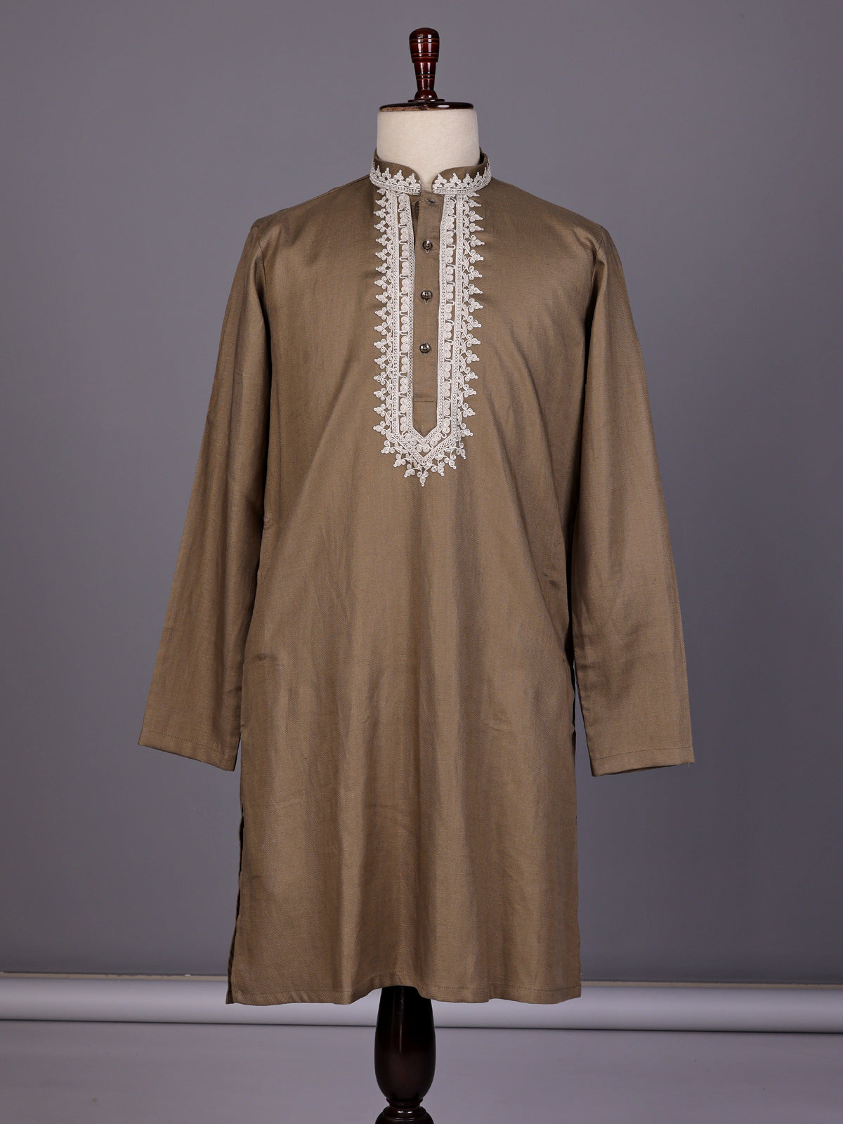 Dark beige thread work kurta suit with pants for mens