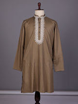 Dark beige thread work kurta suit with pants for mens