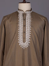Dark beige thread work kurta suit with pants for mens